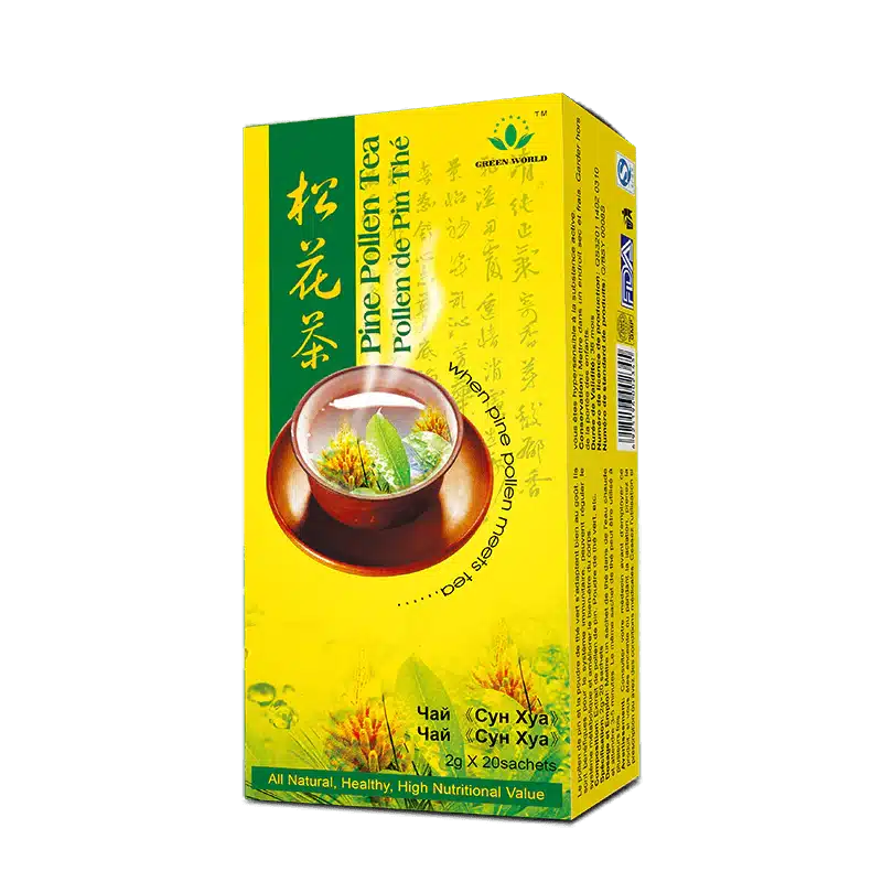 Green World Pine Pollen Tea – Digestive Support – 2G – 20 Sachets - Recs-Medix Green world pine pollen tea lifestyle image with warm cup of herbal tea for adult digestive comfort and daily vitality.