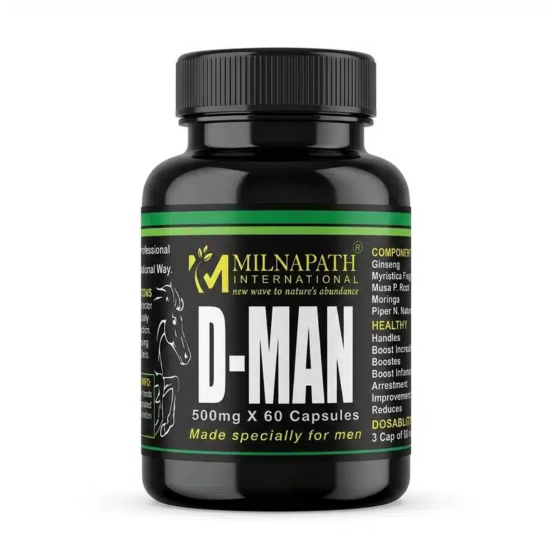 Milnapath D-Man – Men’s Herbal Wellness – 500Mg – 60 Capsules - Recs-Medix Milnapath-d-man-nafdac-expiry-back-label