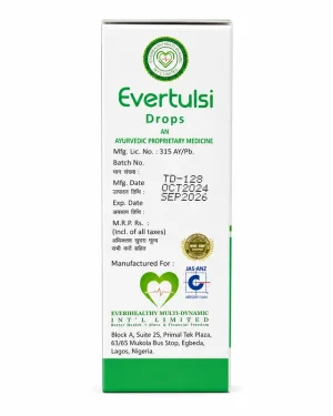 Everhealthy Evertulsi Drops 30ml side carton with batch and manufacturer details