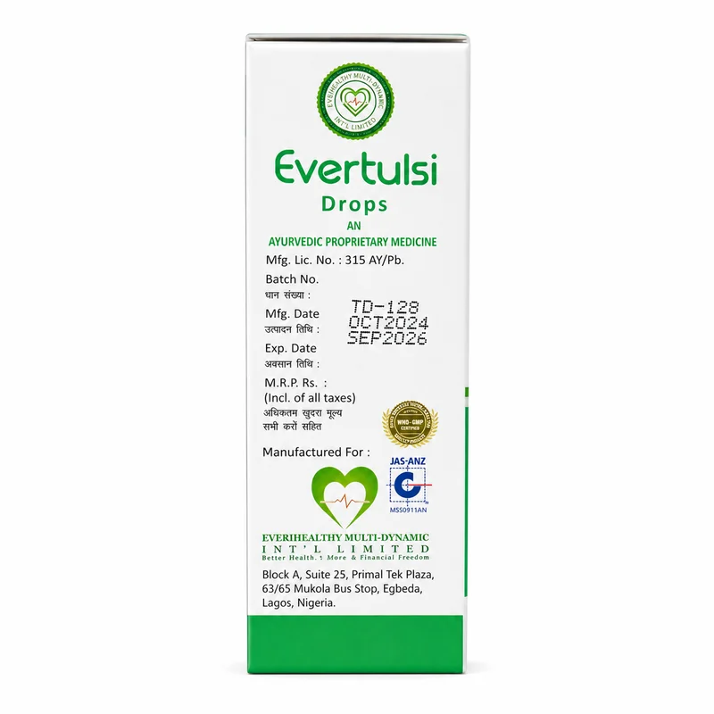 Everhealthy Evertulsi Drops – Tulsi Extract For Cough &Amp; Respiratory Support – 30Ml - Recs-Medix Everhealthy evertulsi drops 30ml side carton with batch and manufacturer details