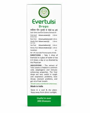 Everhealthy Evertulsi Drops 30ml back carton showing ingredients and directions