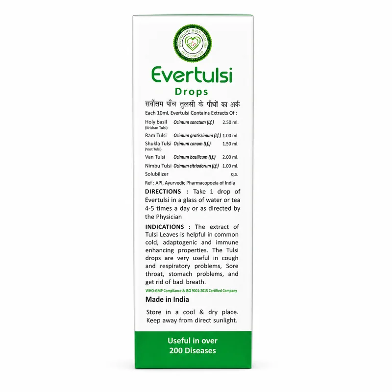 Everhealthy Evertulsi Drops – Tulsi Extract For Cough &Amp; Respiratory Support – 30Ml - Recs-Medix Everhealthy evertulsi drops 30ml back carton showing ingredients and directions