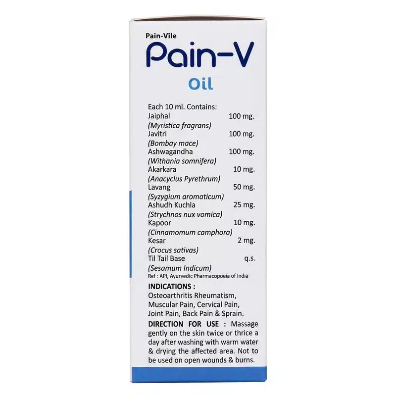 Everhealthy Pain-V Oil – Ayurvedic Joint &Amp; Muscle Relief – 100Ml - Recs-Medix Everhealthy pain-v oil box back label with who-gmp iso 9001 certification and manufacturer details