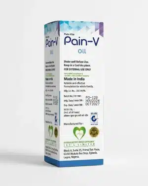 Everhealthy Pain-V Oil ingredients label with Ashwagandha Camphor Clove and Nutmeg