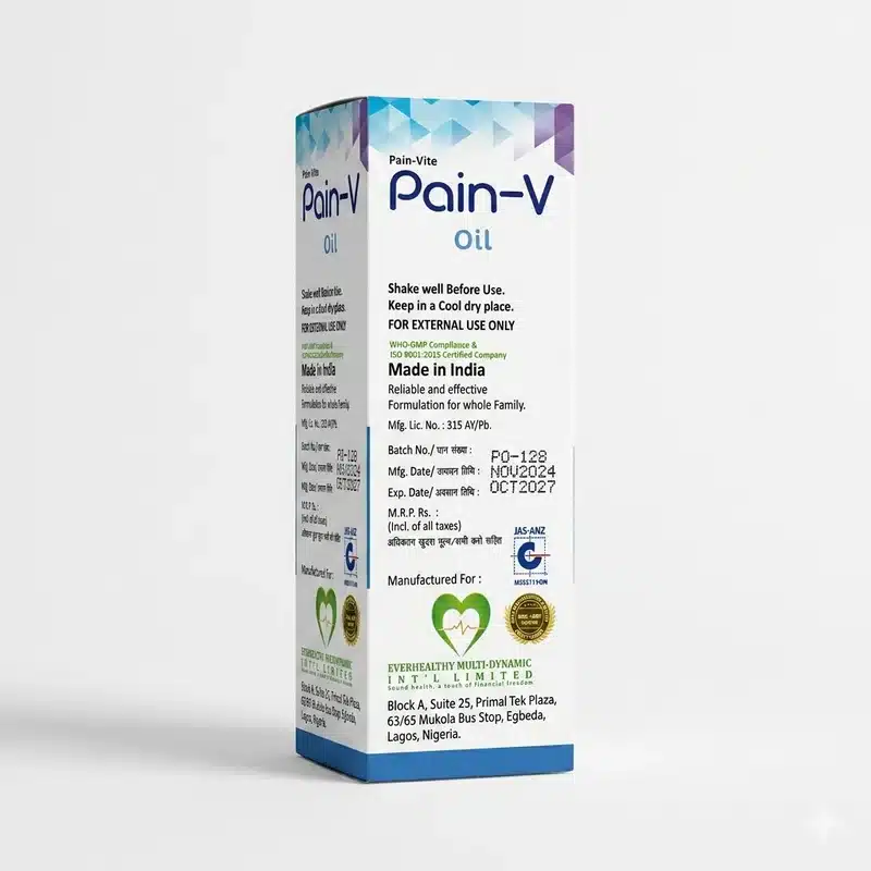 Everhealthy Pain-V Oil – Ayurvedic Joint &Amp; Muscle Relief – 100Ml - Recs-Medix Everhealthy pain-v oil ingredients label with ashwagandha camphor clove and nutmeg