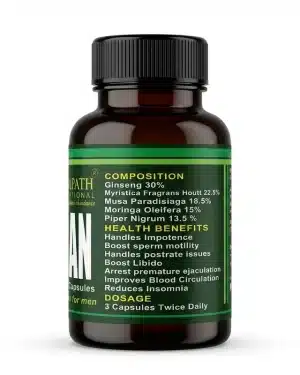 Milnapath D-Man bottle side label showing ginseng, nutmeg, plantain, moringa and black pepper composition and dosage information