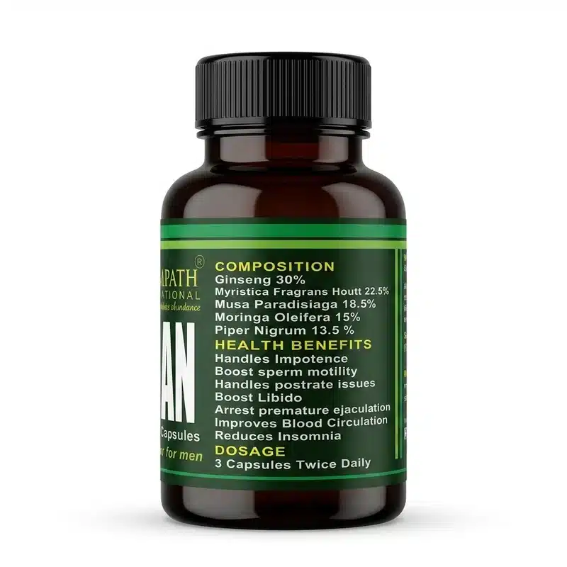 Milnapath D-Man – Men’s Herbal Wellness – 500Mg – 60 Capsules - Recs-Medix Milnapath d-man bottle side label showing ginseng, nutmeg, plantain, moringa and black pepper composition and dosage information