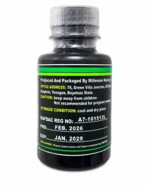 Milnapath D-Man back label showing manufacturer details, NAFDAC registration number, storage instructions and production and expiry dates.
