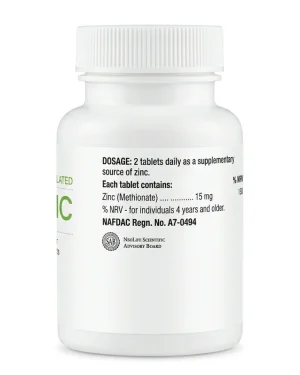 NeoLife Chelated Zinc bottle panel showing 15mg zinc per tablet, two-tablet daily dosage and NAFDAC Regn. No. A7-0494.