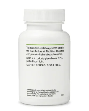 NeoLife Chelated Zinc bottle panel showing NeoLife International, Natural Formulas manufacturer information and batch details.