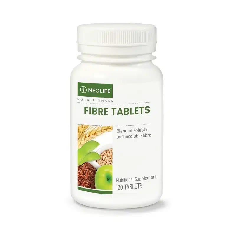 Neolife Fibre Tablets — Digestive Health Support — 500Mg Fibre — 120 Tablets - Recs-Medix Neolife fibre tablets 120 tablets front bottle view showing the green neolife label and soluble and insoluble fibre packaging.