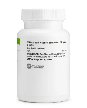 NeoLife Fibre Tablets label showing 4-tablet dosage, 500 mg fibre per tablet, ingredients and NAFDAC Regn. No. A7-1199.