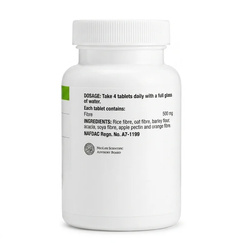 Neolife Fibre Tablets — Digestive Health Support — 500Mg Fibre — 120 Tablets - Recs-Medix Neolife fibre tablets label showing 4-tablet dosage, 500 mg fibre per tablet, ingredients and nafdac regn. No. A7-1199.