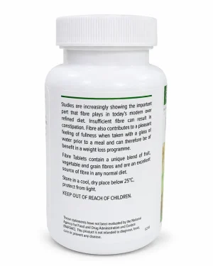 NeoLife Fibre Tablets bottle label showing fibre information, storage instructions, keep-out-of-reach warning and NAFDAC disclaimer.