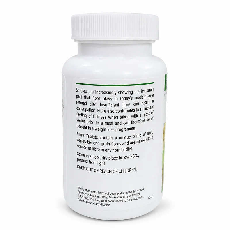 Neolife Fibre Tablets — Digestive Health Support — 500Mg Fibre — 120 Tablets - Recs-Medix Neolife fibre tablets bottle label showing fibre information, storage instructions, keep-out-of-reach warning and nafdac disclaimer.