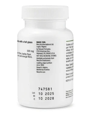 NeoLife Fibre Tablets bottle showing Natural Formulas manufacturer details, lot number, manufacture date and expiry date.