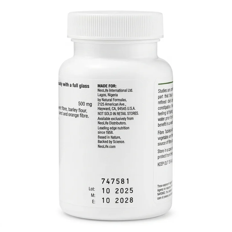 Neolife Fibre Tablets — Digestive Health Support — 500Mg Fibre — 120 Tablets - Recs-Medix Neolife fibre tablets bottle showing natural formulas manufacturer details, lot number, manufacture date and expiry date.