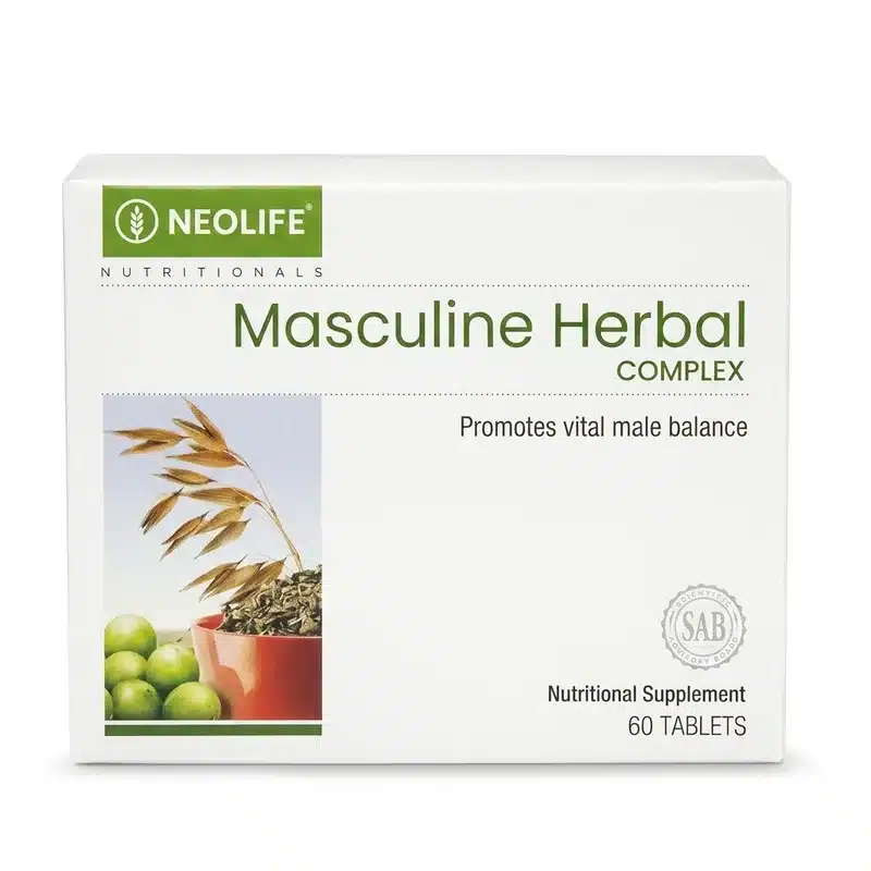 Neolife Masculine Herbal Complex — Men'S Vitality Support — 60 Tablets - Recs-Medix Neolife masculine herbal complex carton, white and green pack showing the neolife nutritionals logo, 60 tablets, herbal supplement for men.