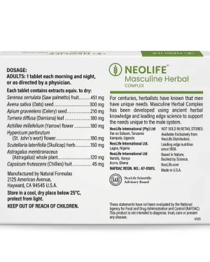 NeoLife Masculine Herbal Complex back panel showing adult dosage, storage instructions, US manufacturer address and NAFDAC number A7-0561L.
