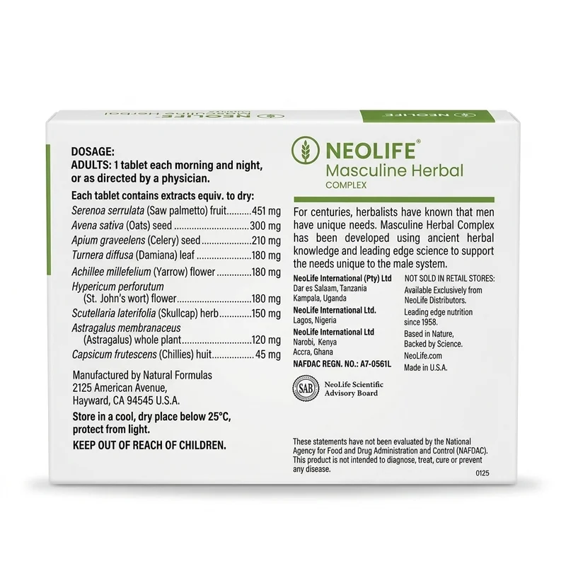 Neolife Masculine Herbal Complex — Men'S Vitality Support — 60 Tablets - Recs-Medix Neolife masculine herbal complex back panel showing adult dosage, storage instructions, us manufacturer address and nafdac number a7-0561l.