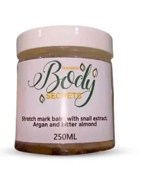 Body Secrets Stretch Mark Balm 250ml jar with snail extract, argan and bitter almond for moisturising stretch mark care
