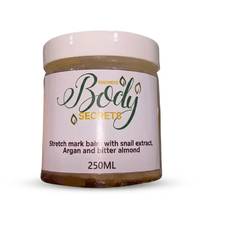 Body Secrets Stretch Mark Balm – Moisturising Stretch Mark Care – 250 Ml - Recs-Medix Body secrets stretch mark balm 250ml jar with snail extract, argan and bitter almond for moisturising stretch mark care