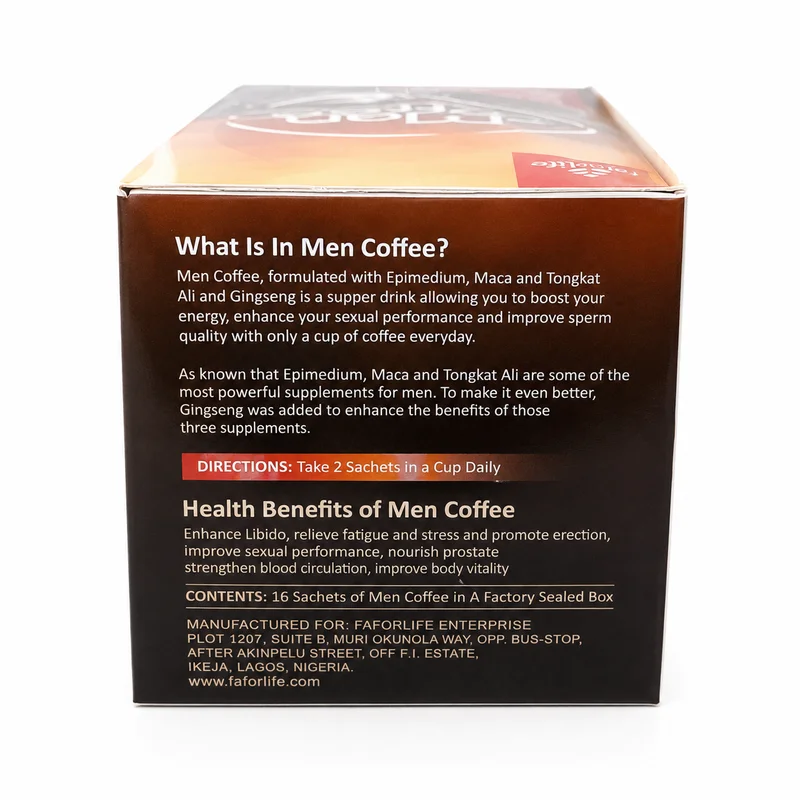 Faforlife Men Coffee Decaf – Male Vitality Support – 16 Sachets - Recs-Medix Faforlife men coffee decaf directions and health benefits box
