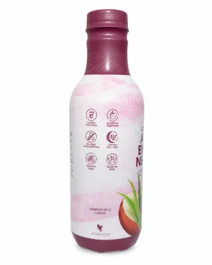 Forever Aloe Berry Nectar side panel showing vegetarian, gluten-free and aloe vera gel icons on pink and white label.