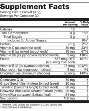 Forever CardioHealth with CoQ10 supplement facts label showing CoQ10, B vitamins and herbal extracts