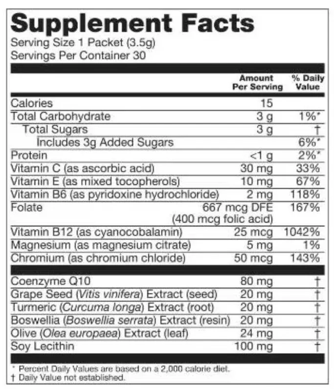 Forever Cardiohealth With Coq10 – Cardiovascular Support – 80Mg – 30 Packets - Recs-Medix Forever cardiohealth with coq10 supplement facts label showing coq10, b vitamins and herbal extracts