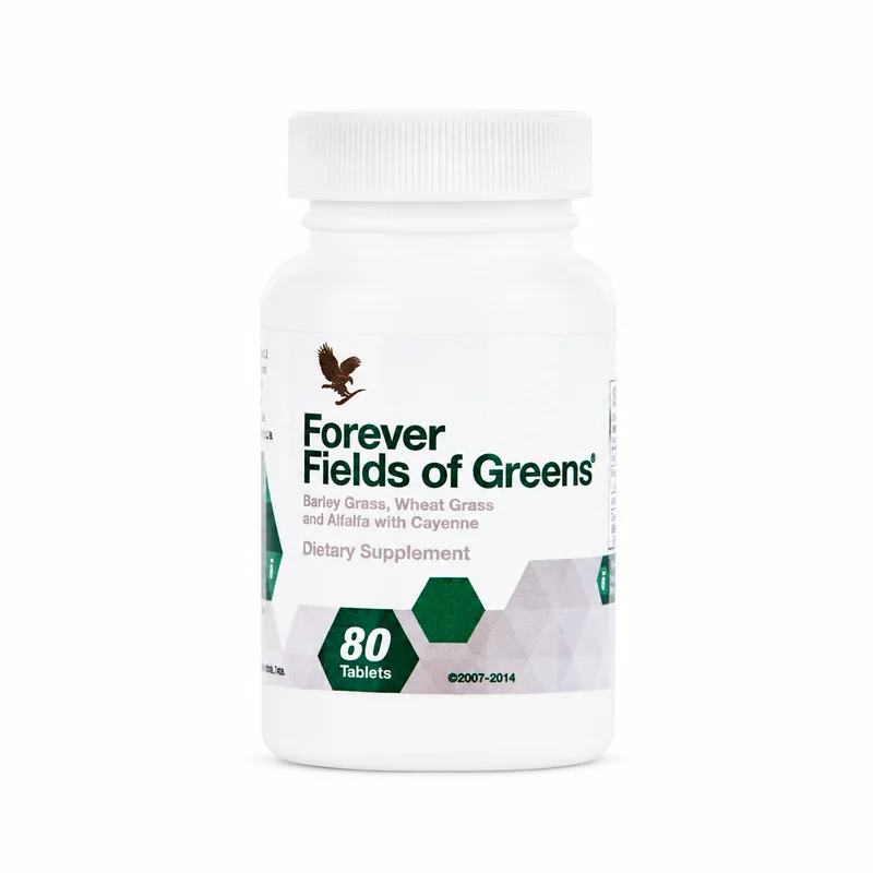 Forever Fields Of Greens – Daily Greens Support – 377Mg – 80 Tablets - Recs-Medix Forever fields of greens 80 tablets white bottle with green hexagon label, barley wheat grass and alfalfa greens supplement
