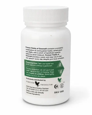 Forever Fields of Greens back label with suggested use, storage instructions and Forever Living product details