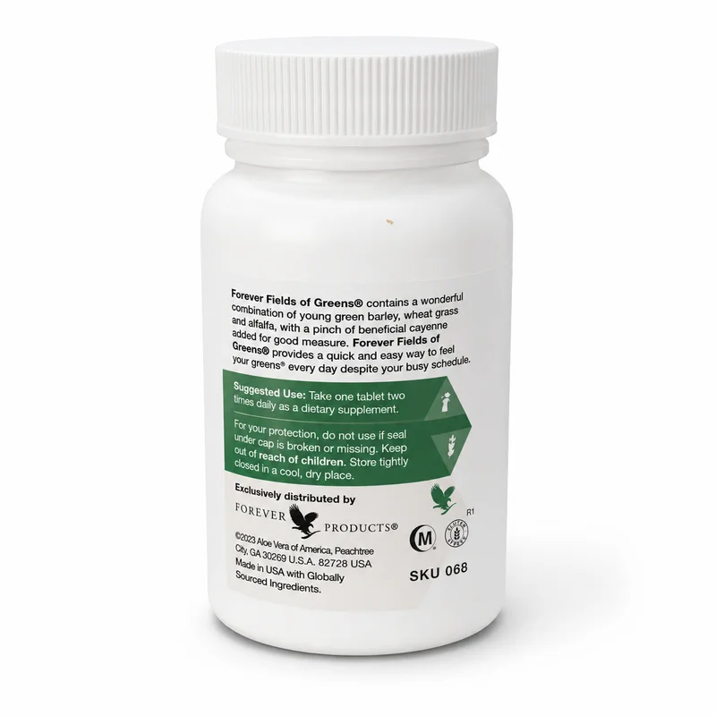 Forever Fields Of Greens – Daily Greens Support – 377Mg – 80 Tablets - Recs-Medix Forever fields of greens back label with suggested use, storage instructions and forever living product details
