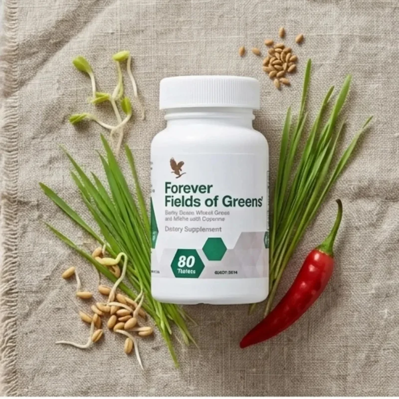 Forever Fields Of Greens – Daily Greens Support – 377Mg – 80 Tablets - Recs-Medix Forever fields of greens lifestle image and forever living product details