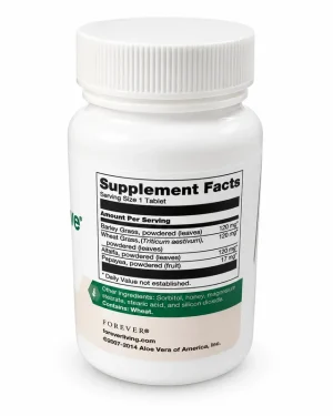 Forever Fields of Greens supplement facts label showing barley grass, wheat grass, alfalfa and cayenne per tablet