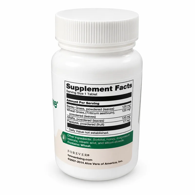 Forever Fields Of Greens – Daily Greens Support – 377Mg – 80 Tablets - Recs-Medix Forever fields of greens supplement facts label showing barley grass, wheat grass, alfalfa and cayenne per tablet