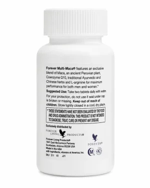 Forever Multi-Maca back label suggested use and storage instructions