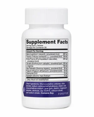 Forever Multi-Maca supplement facts panel showing Maca, Tribulus and Muira Puama