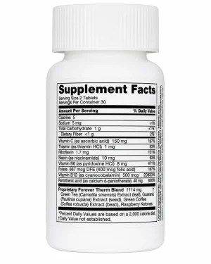 Forever Therm Tablets supplement facts panel with green tea and B vitamins