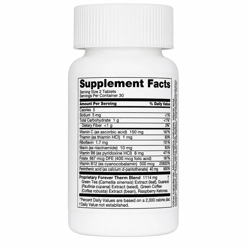 Forever Therm Tablets – Metabolism &Amp; Energy Support – 60 Tablets - Recs-Medix Forever therm tablets supplement facts panel with green tea and b vitamins