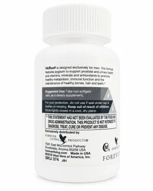 Forever Vitolize for Men back label showing suggested use of two softgels daily and Forever Living Products Arizona distribution details