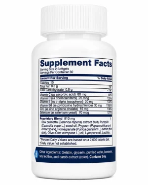 Forever Vitolize for Men supplement facts panel listing saw palmetto, pygeum, pumpkin seed oil, vitamin D, zinc and selenium per two softgels