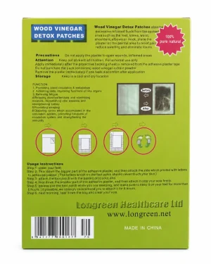 Back of the Longreen Wood Vinegar Detox Patches carton showing precautions, usage instructions, manufacturer details and barcode