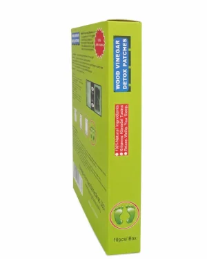 Angled rear and side view of the Longreen Wood Vinegar Detox Patches carton showing the product name and 10 patches per box