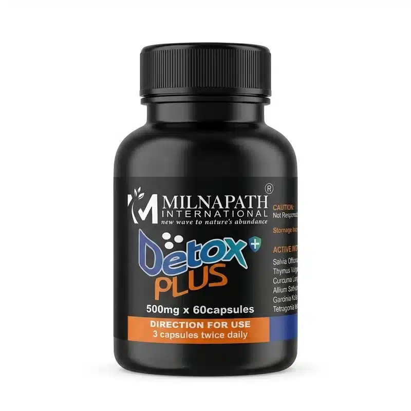 Milnapath Detox Plus – Herbal Detox Support – 500Mg – 60 Capsules - Recs-Medix Milnapath detox plus 500mg bottle with 60 capsules, showing the front product label and printed directions for use.