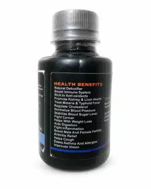 Milnapath Detox Plus 500mg bottle showing the health benefits information printed on the side of the product label.