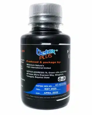 Milnapath Detox Plus bottle showing manufacturer details, NAFDAC registration panel, production date and expiry information