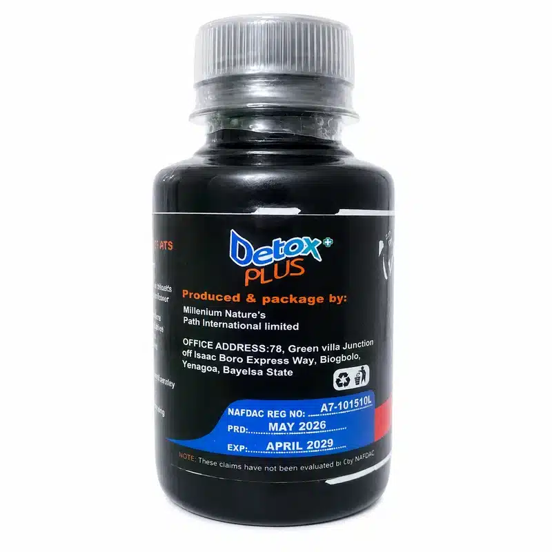 Milnapath Detox Plus – Herbal Detox Support – 500Mg – 60 Capsules - Recs-Medix Milnapath detox plus bottle showing manufacturer details, nafdac registration panel, production date and expiry information