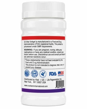 Norland GI Vital Softgel manufacturer panel showing FDA-registered facility statement, GMP marks, distributor details and barcode