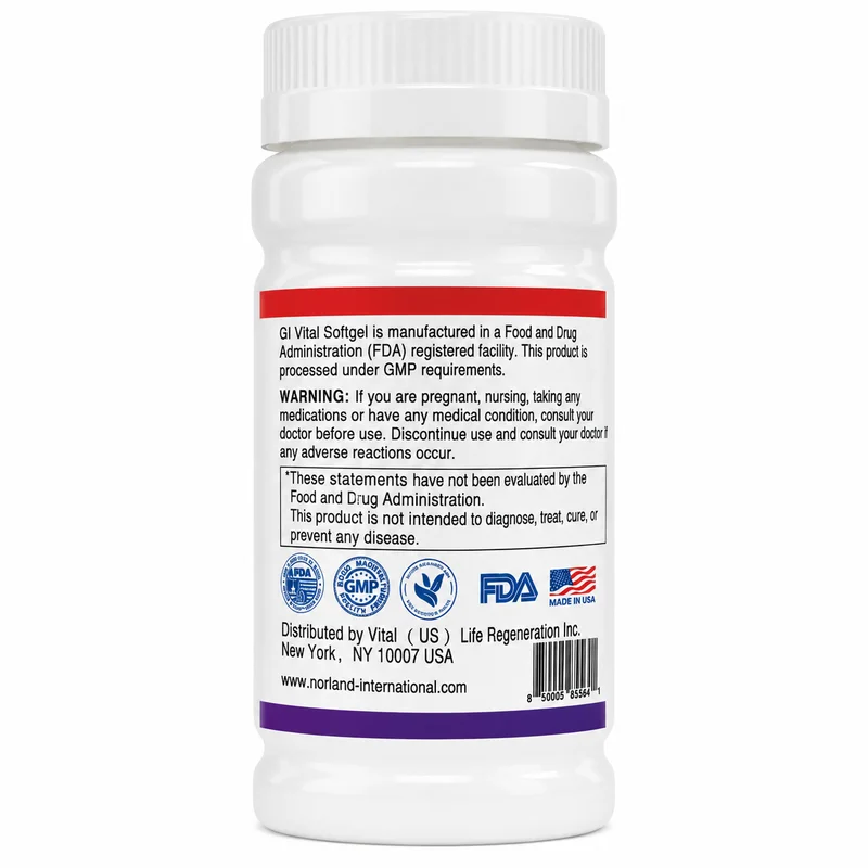 Norland Gi Vital Softgel – Digestive Health Support – 500Mg – 50 Softgels - Recs-Medix Norland gi vital softgel manufacturer panel showing fda-registered facility statement, gmp marks, distributor details and barcode